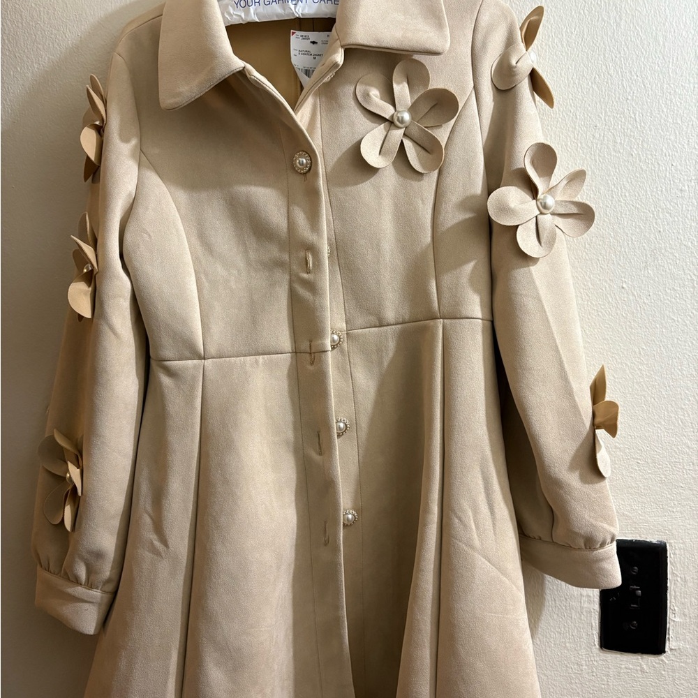 Alice Blue Beige Trench Coat with 3D Floral Accents